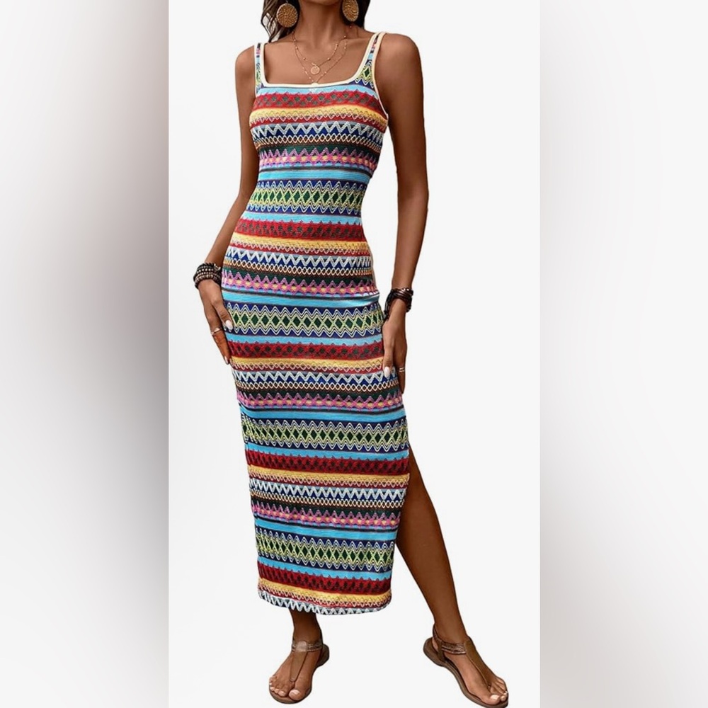 🌈 Colorful Bodycon Knit Midi Dress - Size M 🌈